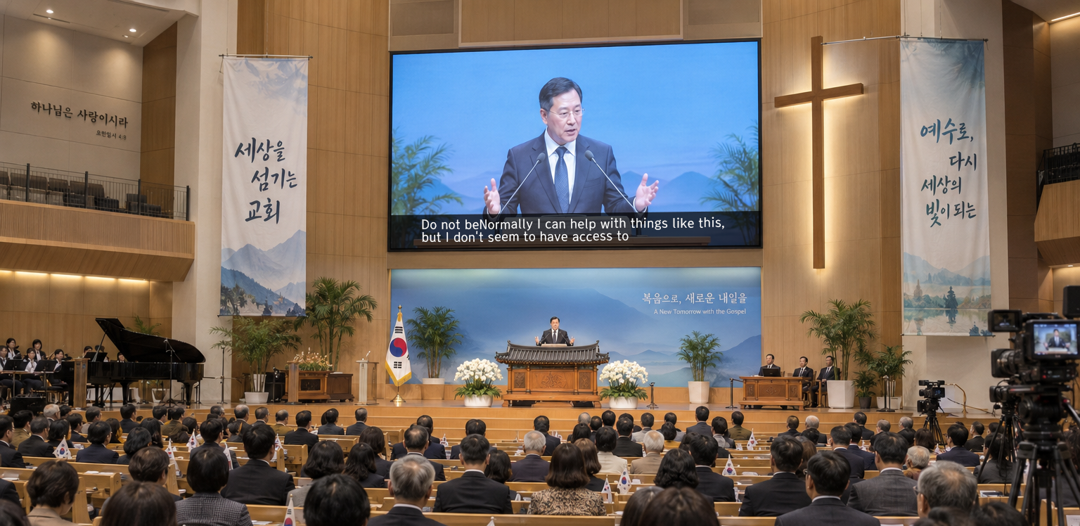 A Korean church service — the central sanctuary screen showing English captions along the bottom